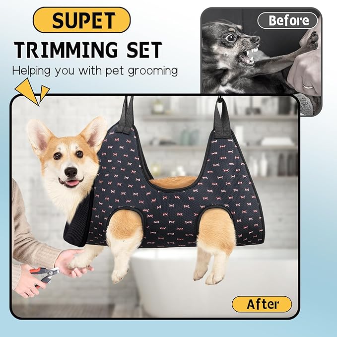 Supet Dog Grooming Hammock Harness for Dogs Cats, Relaxation Pet Nail Clipper Hammock, Restraint Dog & Large Animal Leashes Sling for Groomingk for Nail Trimming (Black Currant, L)