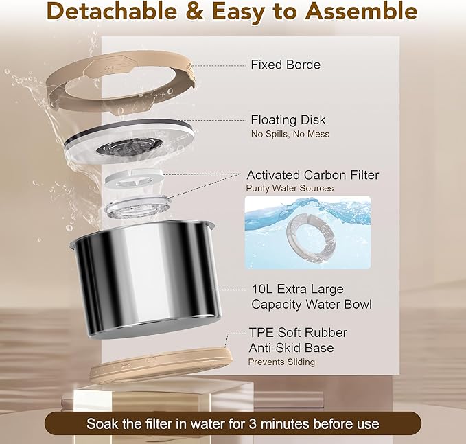 UPSKY Dog Water Bowl No Spill 10L Stainless Steel, 2.6 Gallon Large Capacity Spill-Proof Dog Bowls, Non-Slip Slow Drinking Anti-Splash Bowl for Large Messy Drinkers, No Mess Indoor/Outdoor Use, Beige