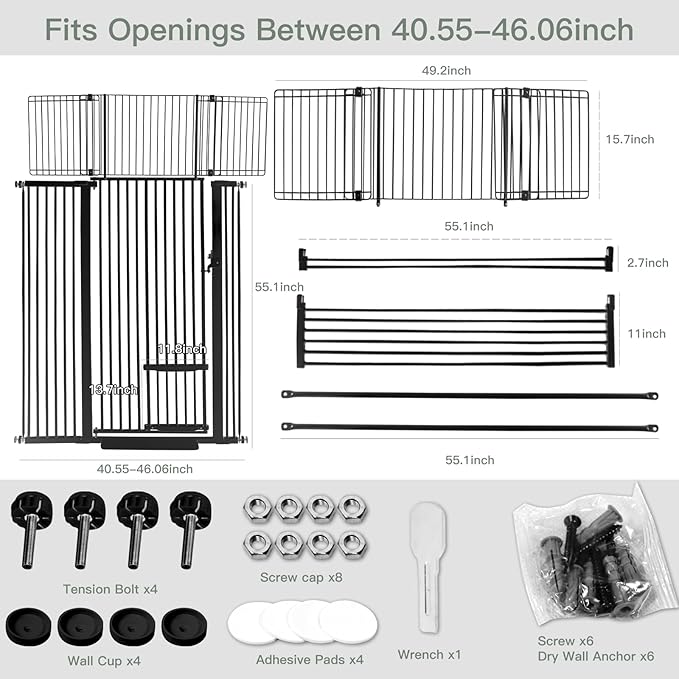 SHYUJAJIE 71 Inch Extra Tall Pet Gate with Small Cat Door, 29.55"-46.06" Adjustable Wide Dog Gate, Tall Cats Gates for Doorway, Stairs, House(Black)
