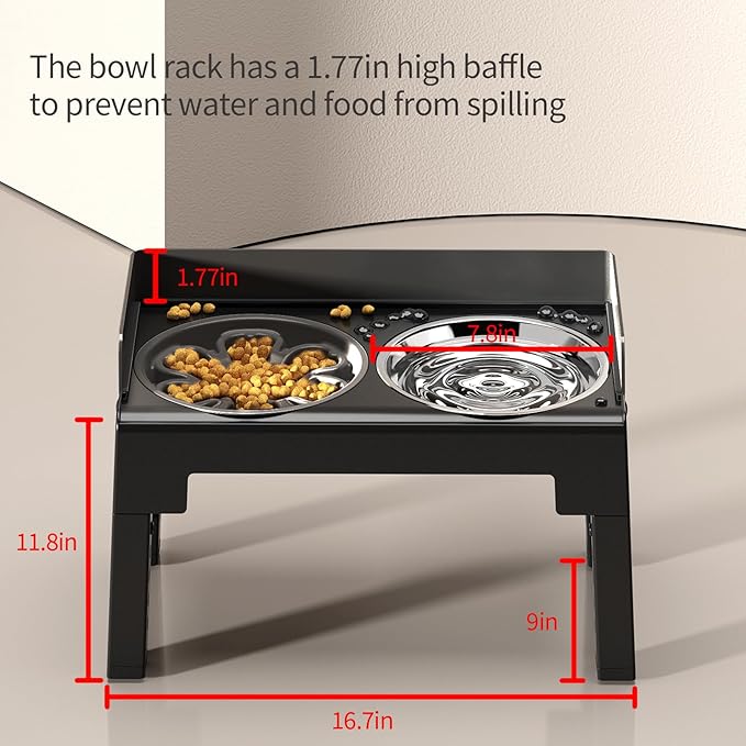 PAKEWAY Elevated Dog Bowls, Spill Proof, Tiltable Pet Feeder with 1 Slow Feeder Bowl &1 Stainless Steel Bowl, 6 Height Adjustable Raised Dog Bowls Stand for Medium Large Dogs
