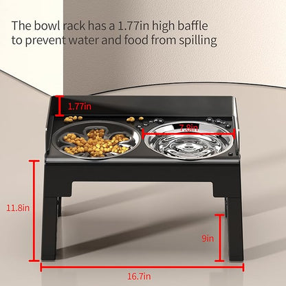 PAKEWAY Elevated Dog Bowls, Spill Proof, Tiltable Pet Feeder with 1 Slow Feeder Bowl &1 Stainless Steel Bowl, 6 Height Adjustable Raised Dog Bowls Stand for Medium Large Dogs