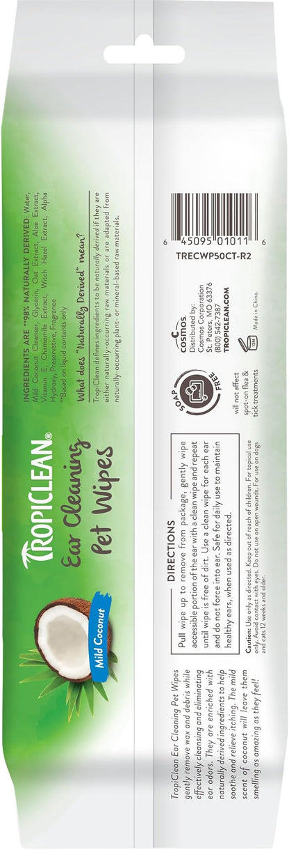 TropiClean Dog Ear Wipes, Dog Ear Cleaner, Soothing Itch Relief, Gently Removes Wax and Debris, Odor Eliminating, Safe for Daily Use, Cat Safe, 50ct.