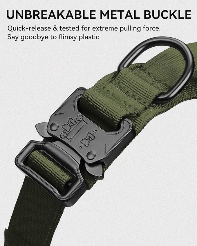 Joytale Tactical Dog Collar with Handle and Metal Buckle, Heavy Duty Padded Military Collar with 2 Patches for Training, Adjustable for Large Dogs, ArmyGreen, L