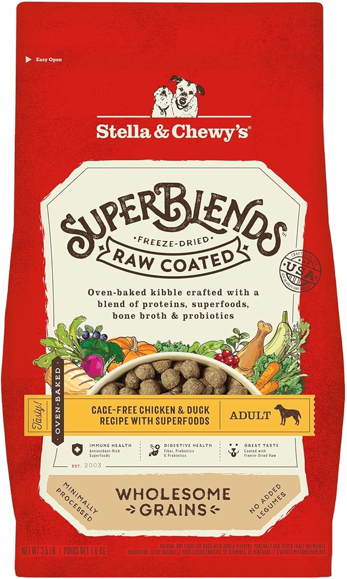 Stella & Chewy's SuperBlends Raw Coated Wholesome Grains Cage-Free Chicken & Duck Recipe with Superfoods, 3.5 lb. Bag