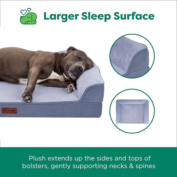 FurHaven Jumbo (40"x32") Cooling Gel Dog Bed – Cool Gel Memory Foam Sofa Pet Bed, Embossed Velvet, Removable Washable Cover, Steel Blue