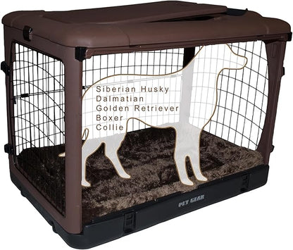 Pet Gear “The Other Door” 4 Door Steel Crate for Dogs/Cats with Garage-Style Door, Includes Plush Bed + Travel Bag, No Tools Required, Espresso, 42 Inch