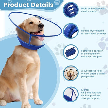 Upgraded Dog Cone Collar After Surgery, Soft Breathable Pet Recovery Collar with Double-Layer Design and Support Plate, Adjustable Dog Cone Collar for Large Medium Dogs, Elizabethan Collar （Blue，XL）