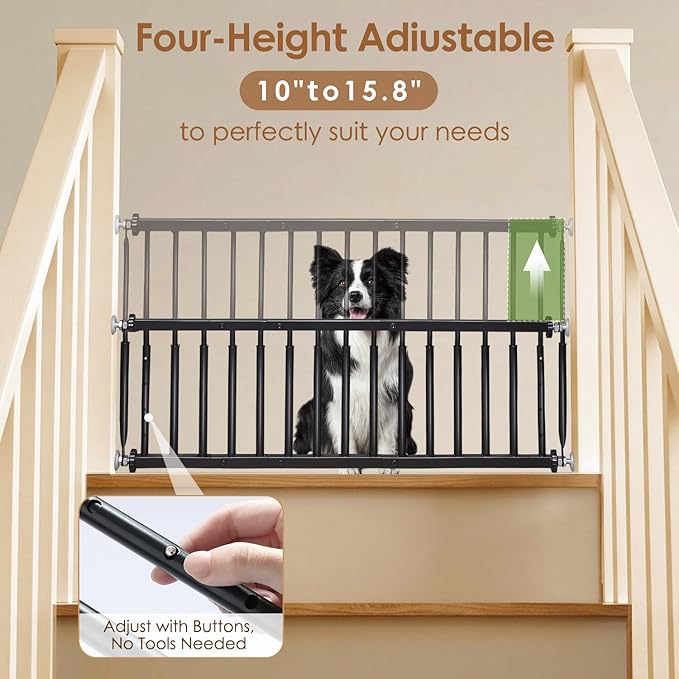 10''-15.8'' Height Adjustable Dog Gate, Extra Wide 18.1"-46" All Metal Short Dog Gate to Step Over, Pressure Mount Small Pet Puppy Gate for Stairs & Doorways(Black)
