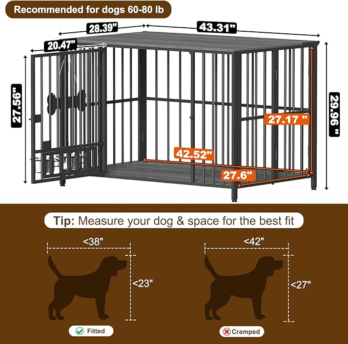 Easycom 43" Dog Crate Furniture Foldable, No Assembly Decorative Dog Kennel Indoor, XL Dog Crates for Large Dogs (60-80 lbs), Wooden Dog Cage with Adjustable Bowls and Name Tag, Dark Grey