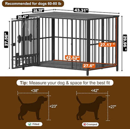 Easycom 43" Dog Crate Furniture Foldable, No Assembly Decorative Dog Kennel Indoor, XL Dog Crates for Large Dogs (60-80 lbs), Wooden Dog Cage with Adjustable Bowls and Name Tag, Dark Grey