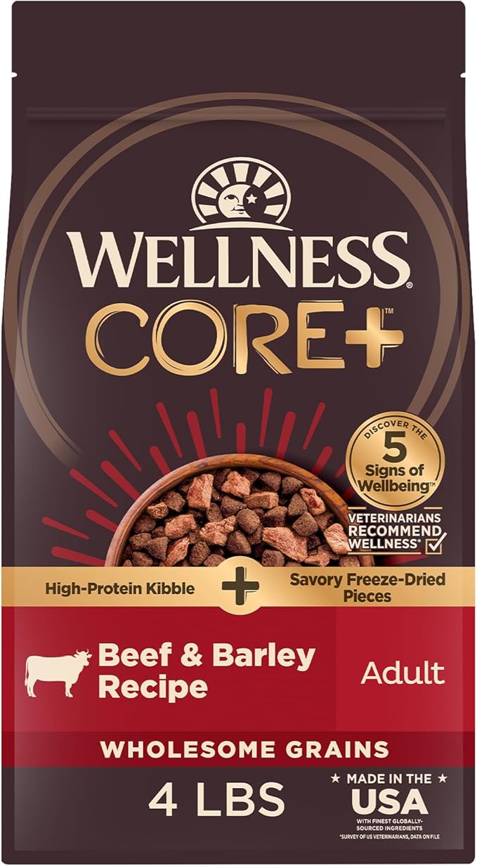 Wellness CORE+ Adult Dry Dog Food with Freeze Dried Pieces, Wholesome Grain Kibble+, Natural, High Protein, Beef and Barley Recipe, 4 lb Bag
