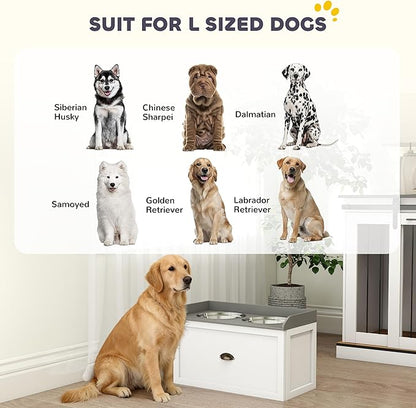 PawHut Large Elevated Dog Bowls with Storage Drawer Containing 21L Capacity, Raised Pet Feeding Station 2 Stainless Steel Grey,White