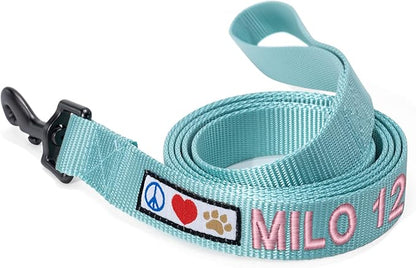Pawtitas Personalized 6 ft Teal Dog Leash XS/S Custom Name and Phone Embroidery Strong Nylon Leash for Small Breeds