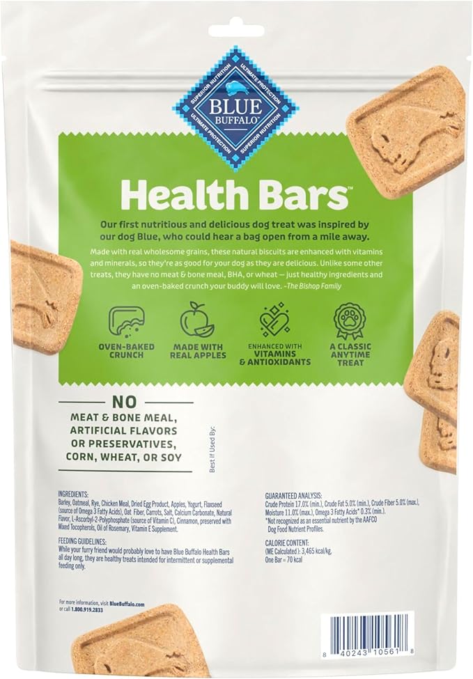 Blue Buffalo Health Bars Crunchy Dog Biscuits, Oven-Baked with Natural Ingredients, Apples & Yogurt, 16-oz Bag