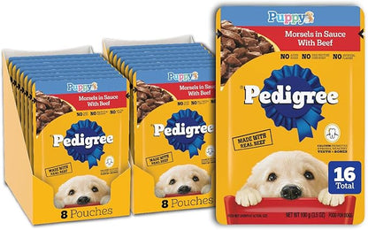 Pedigree Puppy Food Morsels in Sauce, Wet Dog Food Pouches, Beef Flavor, 3.5 oz. Pouches, 16 Count