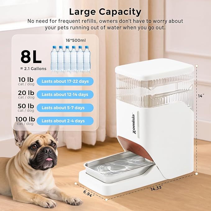 ZOMISIA Automatic Dog Water Dispenser 8L with Stainless Steel Bowl, Gravity Large Capacity Water Bowl for Dogs, 2 Gallon Pet Waterer 100% BPA Free, Black
