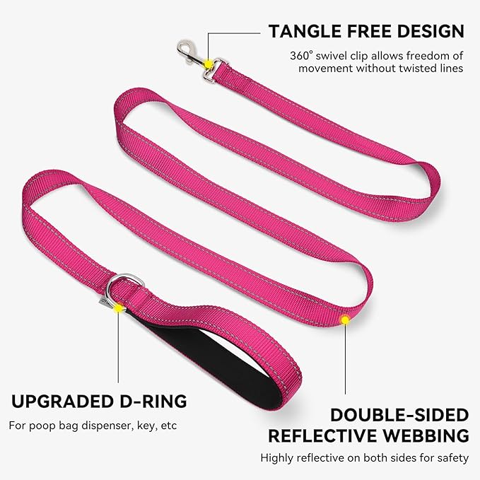 Joytale Dog Leash, 5 FT Double-Sided Reflective, Padded Handle Nylon Heavy Duty Leashes for Medium & Large Dogs Walking, Hotpink