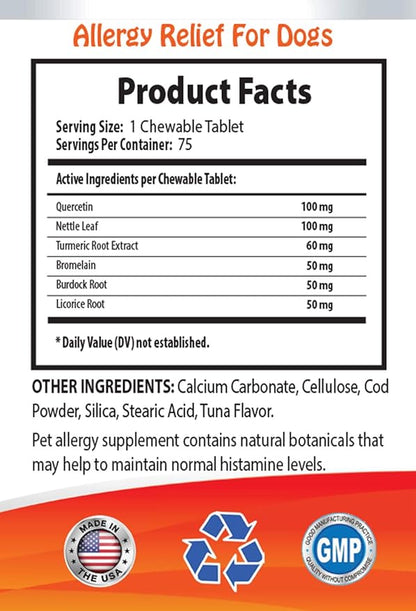 Dog Allergy Immune - Allergy Relief for Dogs Itch Relief Support - Key Ingredients - quercetin for Dogs Organic - 1 Bottle (75 Chewable Tablets)