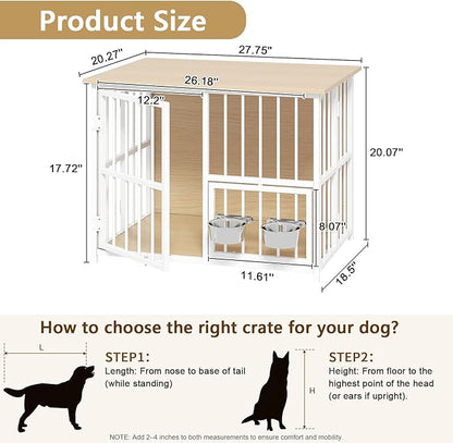 Hadulcet Foldable Dog Crate Furniture, No Assembly Indoor Dog Kennel with Storage Top, Wooden Dog Crate Table for Small to Medium Dogs (Up to 30 lbs), 27.55” Furniture Style Dog Cage with 2 Bowls Oak