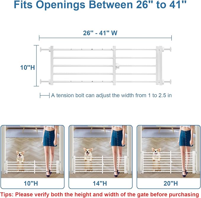 Malier Dog Gate with a Small Door, Extra Wide All Metal Short Dog Gate Pet Gate for Stairs, 10'' Tall Pressure Mount Easy Step Over Puppy Gate Low Gate for Doorways