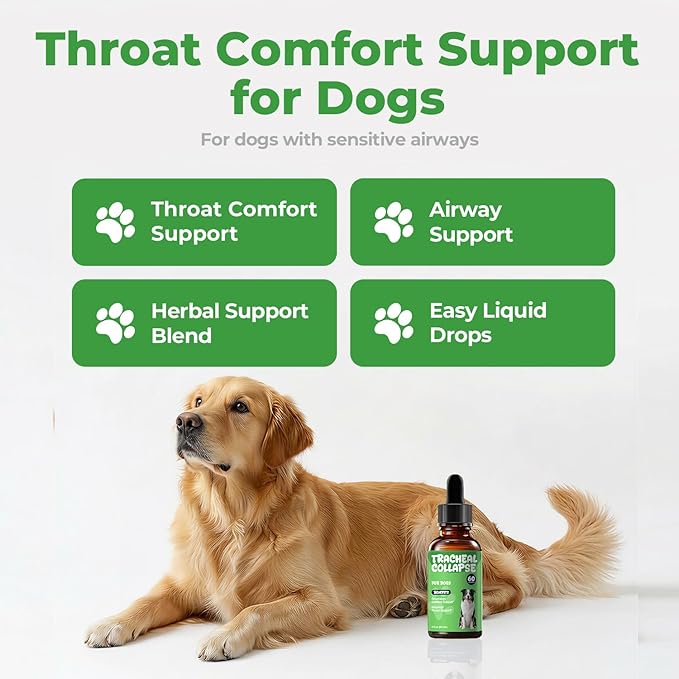 Dog Cough Relief - Collapsed Trachea Treatment for Dogs - Throat Calm Herbal Drops with Slippery Elm & Mullein - Trachea Supplement for Coughing & Airway Comfort