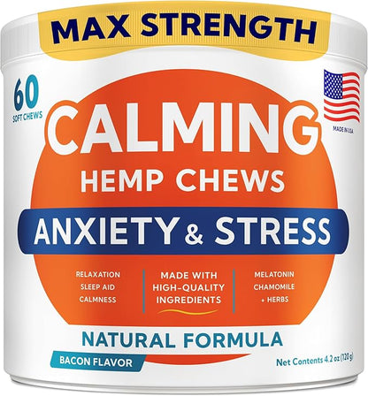 Advanced Calming Chews for Dogs - Hemp Treat + Melatonin + Valerian - Relaxing Bites - Calming Care - Stress Relief - Made in USA - Calm, Sleep Aid, Storms - 60Ct