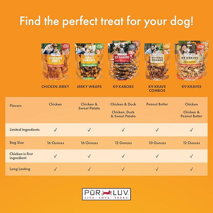Pur Luv Chicken Wrapped Sweet Potato Dog Treats, Rawhide Free Jerky Wraps, Made with Real Chicken, 16 Oz, Healthy, Easily Digestible, Long Lasting, High Protein Treat, Satisfies Dog's Urge to Chew