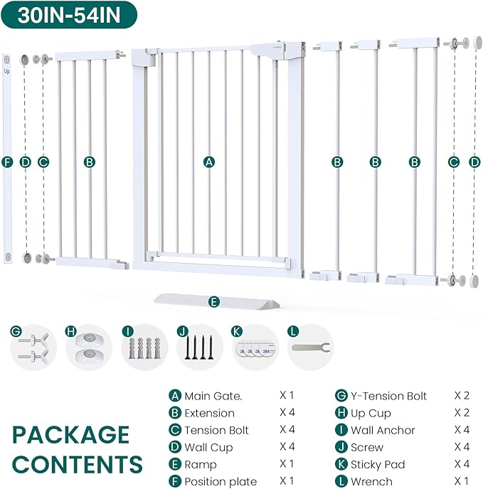Cumbor 30-54" Extra Wide Baby Gate for Stairs, Dual Lock & Self-Closing Dog Gate Indoor, Easy Install Pet Gate for Doorways, Hallways & Kitchen, Easy Walk Thru Safety Proofing for Babies & Pets, White
