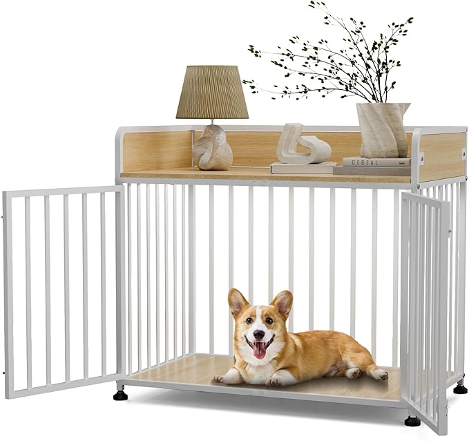 42 in Dog Crate Furniture, Medium Dog Kennel Indoor with 2 Bowls, Wooden Dog Cage Table Decorative for Small Medium Dog, 42" L X 24" W X 36" H