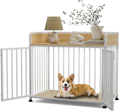 42 in Dog Crate Furniture, Medium Dog Kennel Indoor with 2 Bowls, Wooden Dog Cage Table Decorative for Small Medium Dog, 42" L X 24" W X 36" H