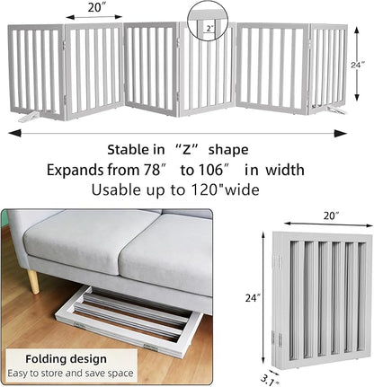 ZJSF Freestanding Indoor Dog Gate for House Foldable Wood Puppy Gate for Doorways Pet Gate for Stairs Extra Wide Pet Fence, Grey, 24" Height 6 Panels