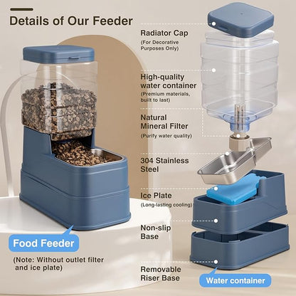 2 Pack Automatic Cat Feeder and Water Dispenser 1.3Gallon Dog Gravity Food Feeder and Water with Ice Pack Stainless Steel Dry Food and Waterer Bowl for Small Medium Large Pets (Blue)