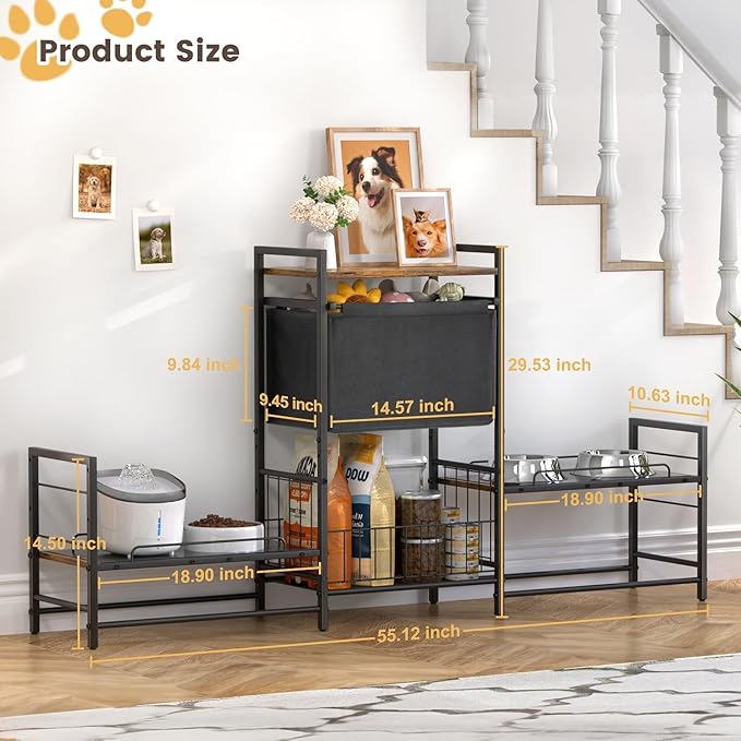 Elevated Dog Bowl Stand with 2 Feeding Stations, Adjustable Raised Feeding Station Cabinet with Toy Bin Basket, Lifted Food and Water Bowl Holder, Pet Storage Organizer for Large Medium Small Dogs