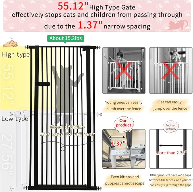 Lumizone Extra Tall Cat Gate 55.12" High Pressure Mounted Extra Wide 2025 New (17 Sizes) 1.37" Gap No Drilling Auto-Close One-Handed Operation Tall Pet Gate for Dogs(Black, 55.12" H x 29.92"-34.24" W)