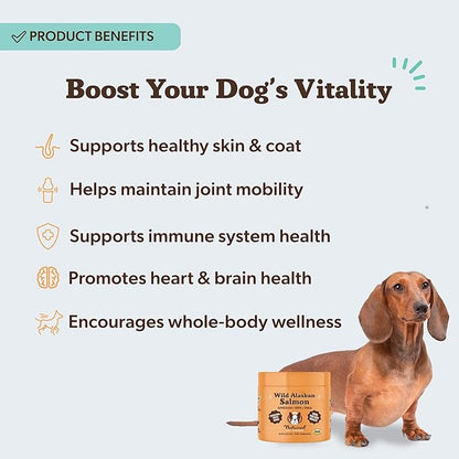 Natural Dog Company Wild Alaskan Salmon Chews for Dogs – Fish Oil Supplement with EPA & DHA for Itchy Skin, Coat, Brain, Joints & Immune Health, Daily Omega-3 Chews, 90 Count