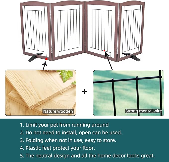ZJSF Freestanding Dog Fence Indoor, Foldable Dog Gate for Doorways, Stairs or Hallways, Sturdy Wood Extra Wide Pet Gate with Support Feet for The House, Brown, 32 "Height-4 Panels