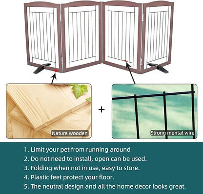 ZJSF Freestanding Dog Fence Indoor, Foldable Dog Gate for Doorways, Stairs or Hallways, Sturdy Wood Extra Wide Pet Gate with Support Feet for The House, Brown, 32 "Height-4 Panels