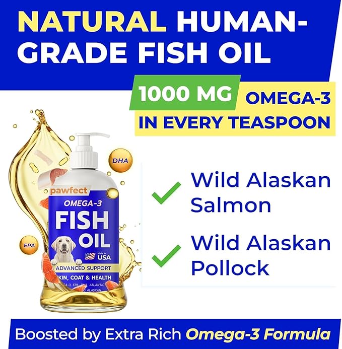 PAWFECTCHEW Fish Oil for Dogs - Natural Omega-3 - Skin & Coat Support - Liquid Food Supplement for Pets - Natural EPA + DHA Fatty Acids for Joints, Immune & Heart Health 16 fl oz
