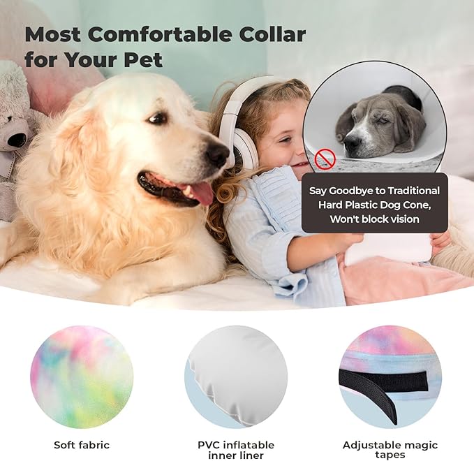 Inflatable Dog Cone Collar for Dogs and Cats, Dog Neck Collar Recovery E Collar Alternative After Surgery, Elizabethan Collar Alternatives for Dogs Recovery (Pink Blue, XL)