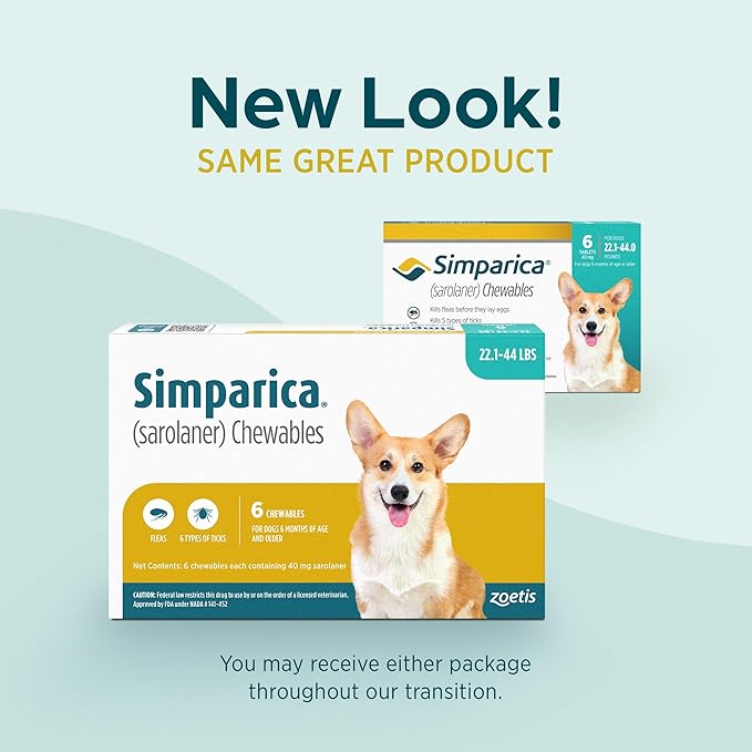 Simparica (sarolaner) Chewables for Dogs, 40 mg/tab, 22.1-44 lbs (Blue), 6 Tablets