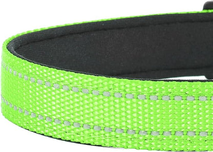 Reflective Dog Collar, Adjustable Soft Neoprene Padded Nylon Pet Collars with Buckle for Medium Dogs, Green,M