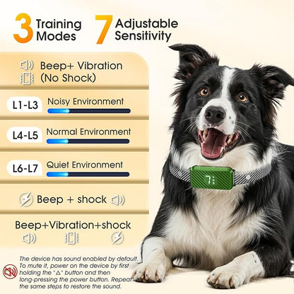 Dog Bark Collar for Large Medium Small Dogs, Effective No-Bark Collar, Smart Barking Collar, Rechargeable Bark Collar with 7 Sensitivity, 3 Modes, Waterproof, Green