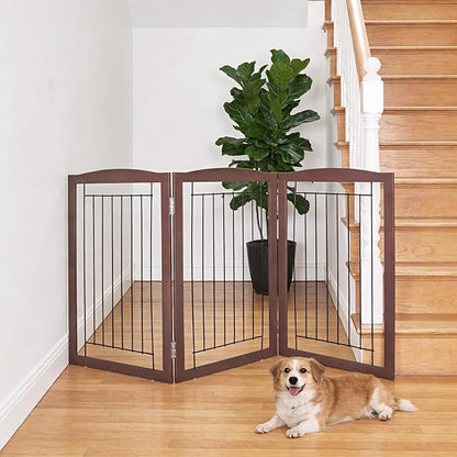 ZJSF Freestanding Foldable Dog Gate for House Extra Wide Wooden Brown Puppy Gate Stairs Dog Gates Doorways Tall Pet Gate 32 "Height 3 Panels Pet Fence