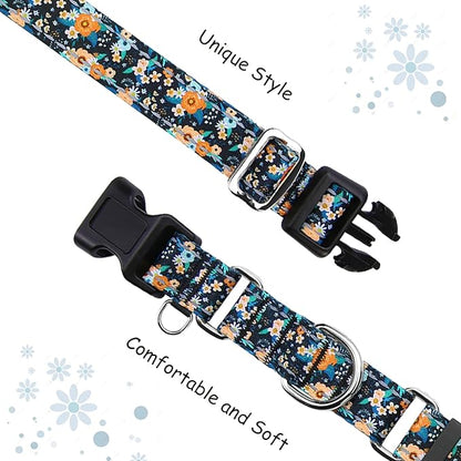 Reflective Martingale Dog Collar with Buckle Soft Nylon Floral No Slip Dog Collars for Small Dogs (Black Orange Flowers, S)
