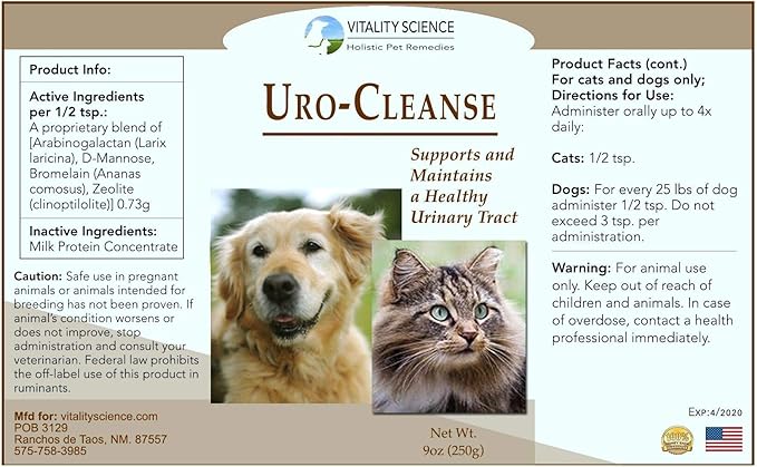 Vitality Science URO-Cleanse for Dogs | Aid for Urinary Tract, Bladder, Kidney Health | D-Mannose, Arabinogalactan, Zeolite | Prevents and Eliminates UTI, Bladder Issues | Dog Incontinence Supplement