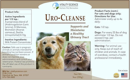 Vitality Science URO-Cleanse for Dogs | Aid for Urinary Tract, Bladder, Kidney Health | D-Mannose, Arabinogalactan, Zeolite | Prevents and Eliminates UTI, Bladder Issues | Dog Incontinence Supplement