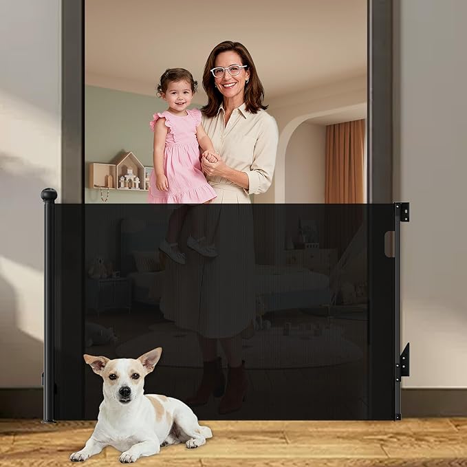 Retractable Baby Gate for Stairs Doorways, Extra Wide 55" No-Drill Pressure Mount OR Screw Mount, Space Saving Mesh Gate with No Bottom Bar Trip Hazard, for Indoor Outdoor Use with Kids, Dogs & Cats