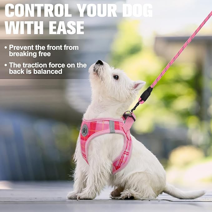 BEAUTYZOO Small Dog Harness and Leash Set, Step in No Choke No Pull Soft Mesh Dog Harnesses Reflective for Small Medium Puppy Dogs and Cats, Plaid Dog Vest Harness for S M Pets, Light Pink M