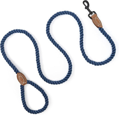 Mile High Life Dog Leash, Braided Cotton Rope Leashes with Leather Tailor Tip with Leather Tip - Heavy Duty Metal Clasp, 6FT, 1/2" Thick - Wedding, Walking Leash for Medium Large Dogs(Navy)