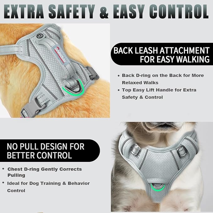 BARKBAY No Pull Dog Harness Large Reflective Dog Harness with Front Clip and Easy Control Handle for Walking Training Running with ID tag Pocket(Grey,XS)